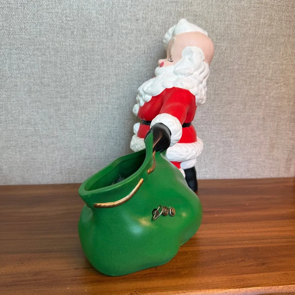 Vintage 1981 Ceramic Musical Santa Claus Figurine‎ Green Toy Bag Planter Dish